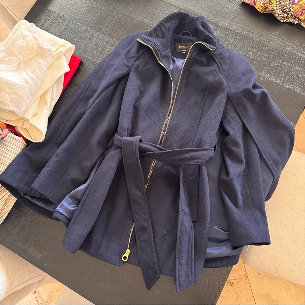Navy Belted Wool Cape Coat - Laundry by Shelli Secal - Picture 2 of 4
